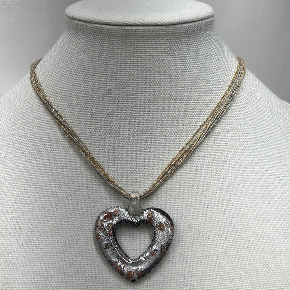 Silver and gold open glass heart necklace 17”